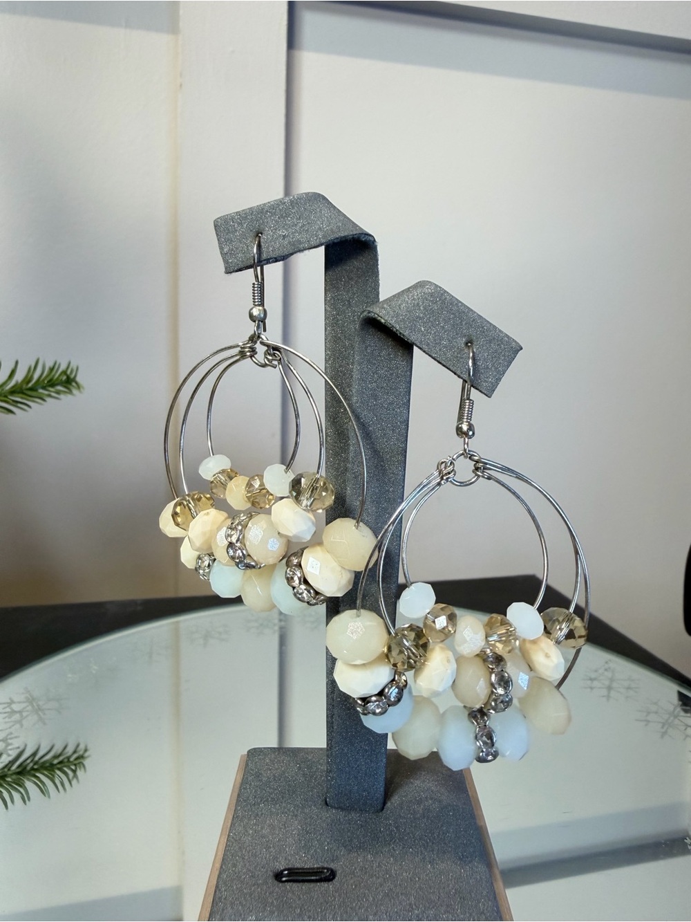BOHO Handcrafted Cream and Gold BEADED HOOP Cluster DANGLING Earrings